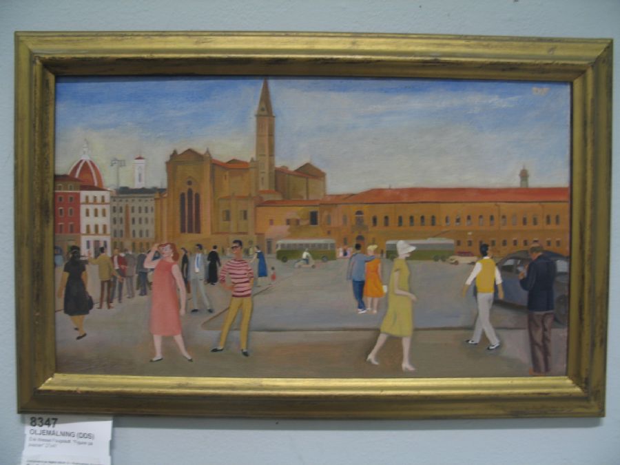 Oljemålning, Erik Wessel-Fougstedt (1915-1990), Figurer på piazzan 27x47